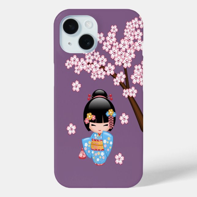 Maiko Kokeshi Doll - Blue Kimono Geisha Girl Case-Mate iPhone Case (Back)