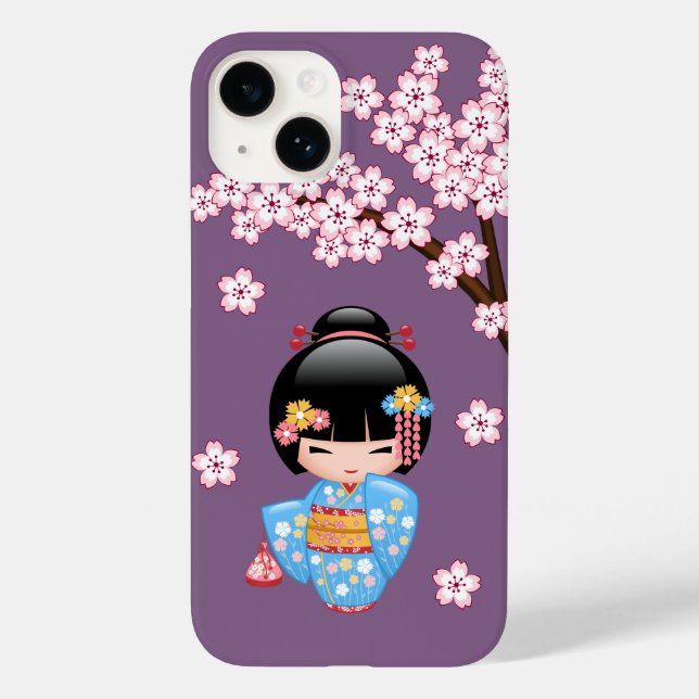 Maiko Kokeshi Doll - Blue Kimono Geisha Girl Case-Mate iPhone Case (Back)