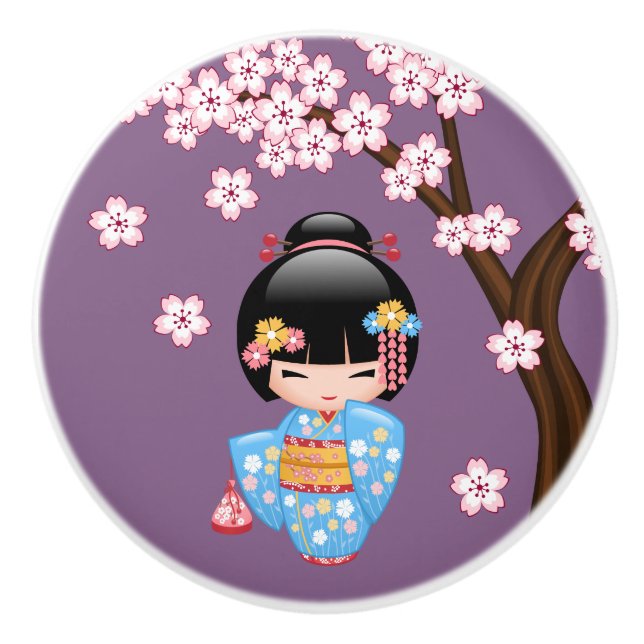 Maiko Kokeshi Doll - Blue Kimono Geisha Girl Ceramic Knob (Front)