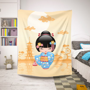 Maiko Kokeshi Doll Cute Geisha Girl Yellow Sherpa Blanket