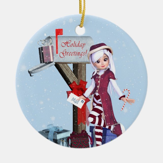 Mail Carrier Elf  Mailbox and Gifts Ornament (Front)