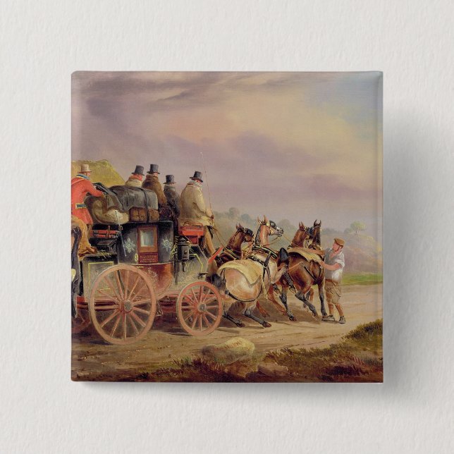 Mail Coaches on the Road: The 'Quicksilver' Devonp 2 Inch Square Button (Front)