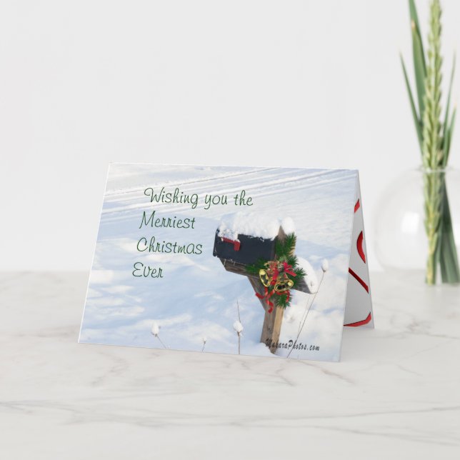 Mailbox in the Snow with Pine & Bells- customize Holiday Card (Front)