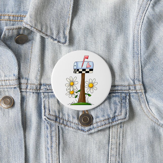 Mailbox with Daisies and Heart Flag Country Garden 3 Inch Round Button (Creator Uploaded)
