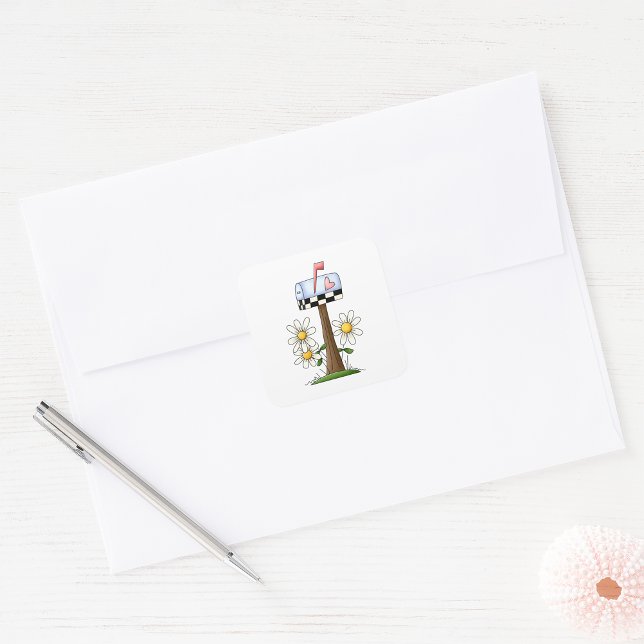 Mailbox with Daisies and Heart Flag Country Garden Square Sticker (Creator Uploaded)