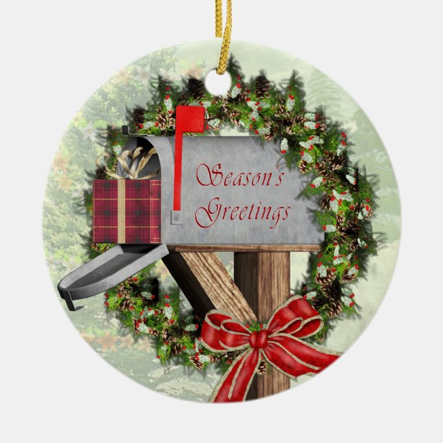 Mailbox,  Wreath and Gift  Mailman Round Ornament (Front)