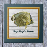 Mailed Butterflyfish in Teal and Gold with Name Tile<br><div class="desc">This vintage image of Chaetodon reticulatus, commonly called the Mailed Butterflyfish or Reticulated or Black Butterfly Fish, is a cheery addition to your kitchen nor living area. Customize the text to add your name or message. Make sure to personalize the text where indicated. It's bordered in a complementary gold, orange,...</div>
