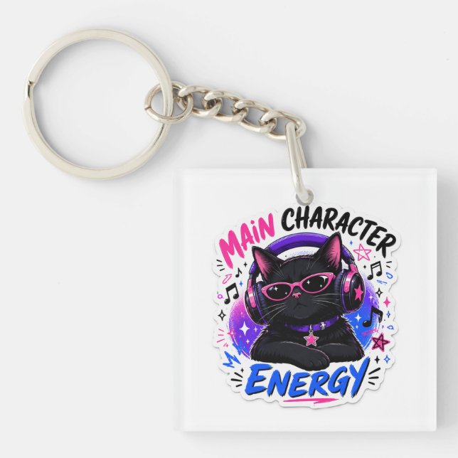Main Character Energy Black Cat Sticker Keychain (Front)