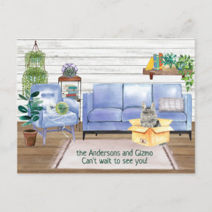 Main Coon Cat Cozy New Home Address    Announcement Postcard