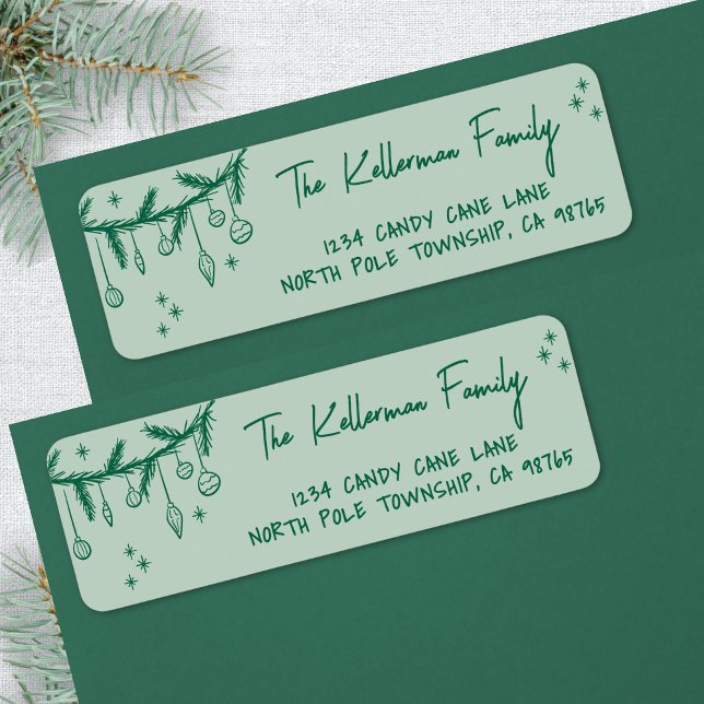 Main Drag Green Christmas Adresse de retour (Hand Drawn Green Christmas Return Address label)