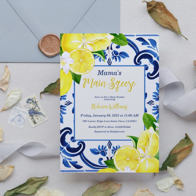 Main Sqeeze Blue Tile Lemon Citrus Baby Shower Invitation (Creator Uploaded)
