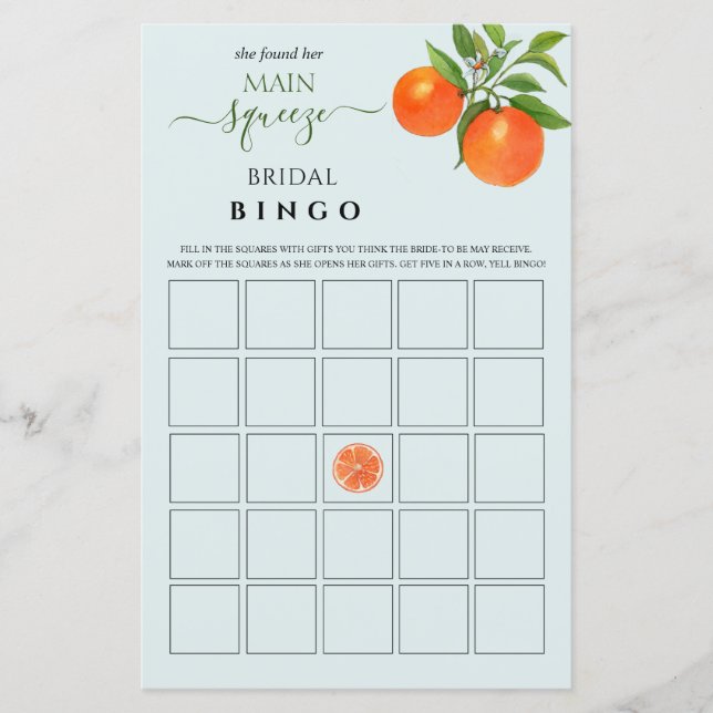 Main Squeeze Bridal Shower Bingo game  (Front)