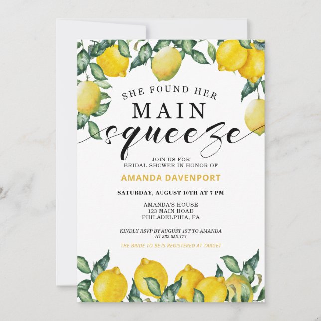 Main squeeze Bridal Shower invitation with lemons (Front)