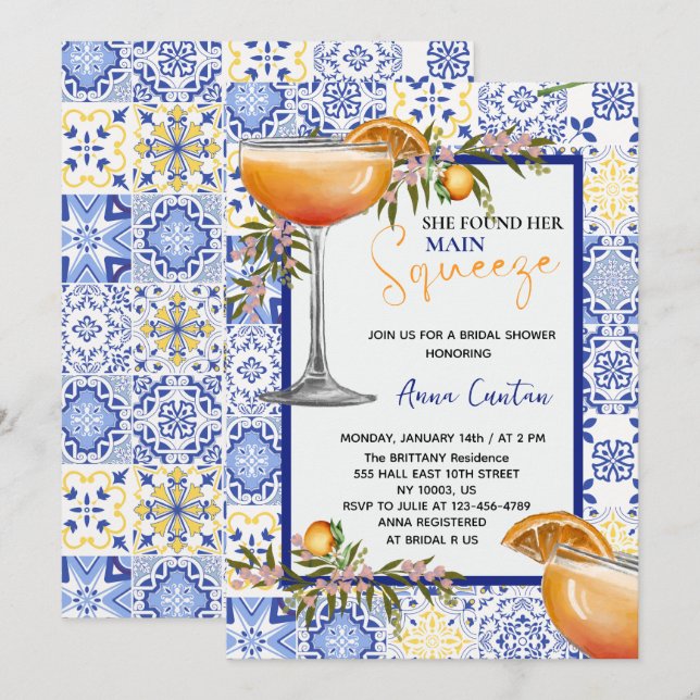 Main Squeeze Bridal Shower Lemon Blue Tile Invitation (Front/Back)