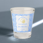 Main Squeeze Bridal Shower Lemon Blue Tile Shot Glass<br><div class="desc">Celebrate the bride-to-be with this chic "She Found Her Main Squeeze" shot glass! Featuring a playful lemon illustration and an elegant blue-patterned border, this shot glass is perfect for adding a Mediterranean touch to your bridal shower. Customize with the bride's name, event date, and more to create a unique keepsake...</div>