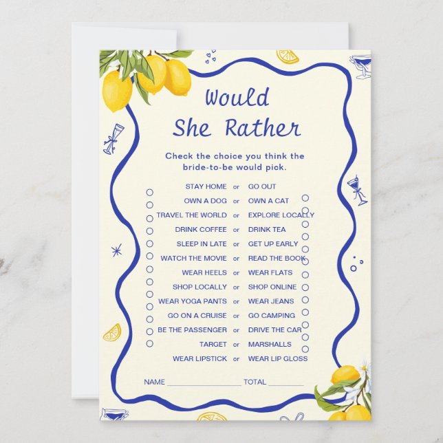 Main Squeeze Bridal Shower Would she rather game Invitation (Front)