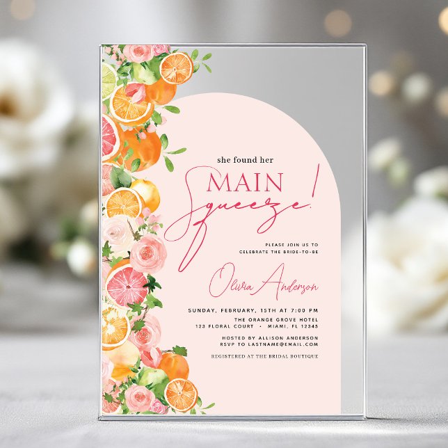 Main Squeeze Citrus Bridal Shower Orange Acrylic Invitations (Creator Uploaded)