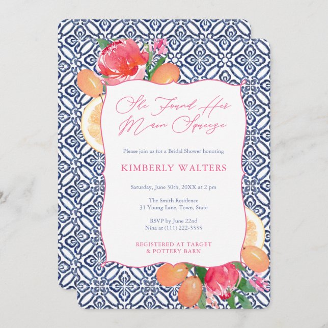 Main Squeeze Citrus Flowers Blue Wedding Shower Invitation (Front/Back)