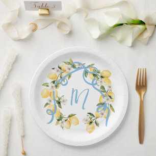 Main Squeeze Citrus Lemon Monogram Bridal Shower Paper Plate