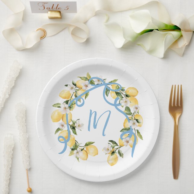 Main Squeeze Citrus Lemon Monogram Bridal Shower Paper Plate (Wedding)