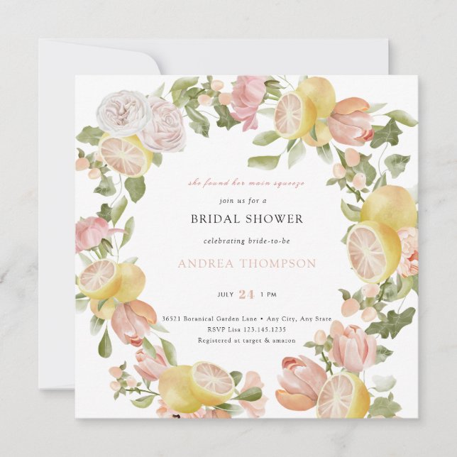 Main Squeeze | Citrus | Pink Floral Bridal Shower Invitation (Front)
