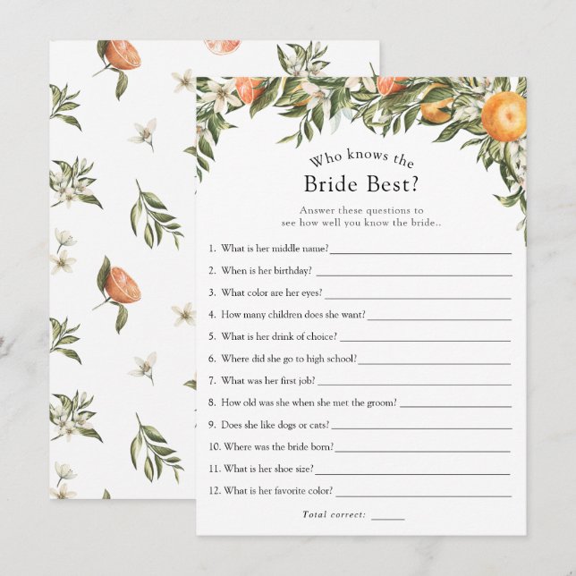 Main Squeeze Citrus Who Knows the Bride Best Game Invitation (Front/Back)