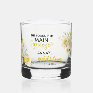 Main Squeeze Elegant Lemon Floral Bridal Shower  Whiskey Glass