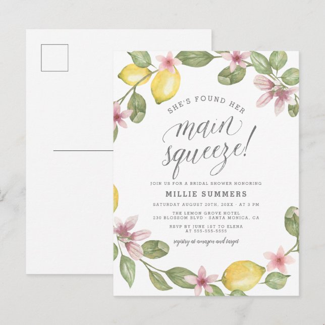 Main Squeeze Floral Lemon Wreath Bridal Shower Invitation Postcard (Front/Back)