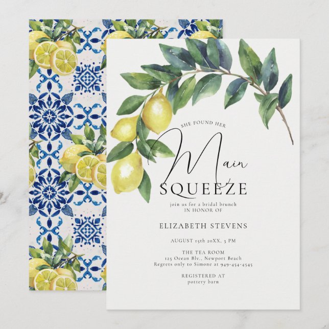 Main Squeeze Lemon Arch Blue Tiles Bridal Shower Invitation (Front/Back)