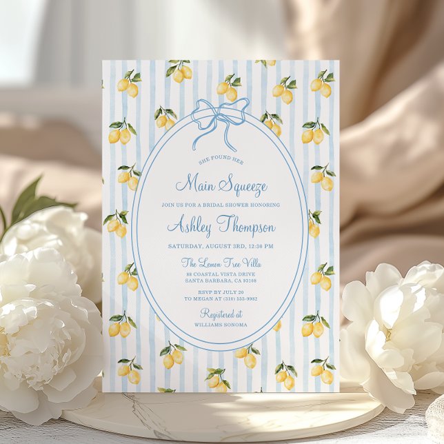 Main Squeeze Lemon Blue Bow Italian Bridal Shower Invitation (Creator Uploaded)