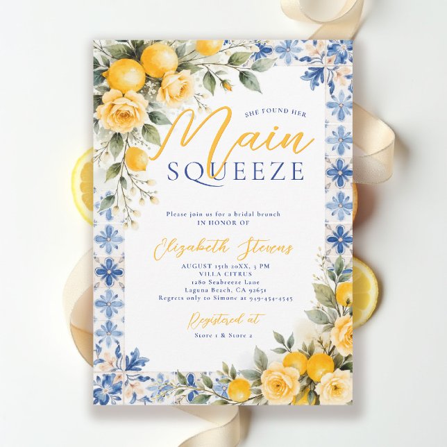 Main Squeeze Lemon Blue Italian Bridal Shower  Invitation (main squeeze bridal shower lemon italian theme mediterranean blue invitation summer brunch)