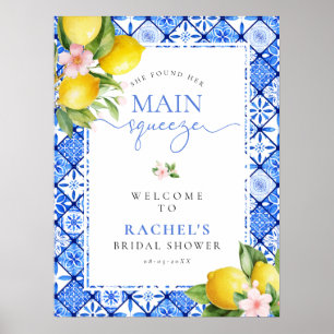 Main Squeeze Lemon Blue Tile Bridal Shower Welcome Poster