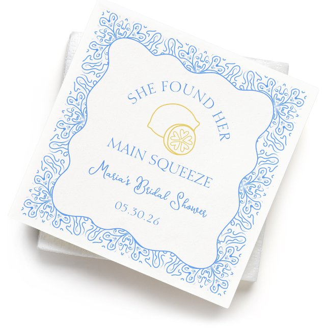 Main Squeeze Lemon & Blue Tiles Bridal Shower Napkin (Celebrate with these chic, lemon-themed napkins, for a 'She Found Her Main Squeeze' bridal shower!)