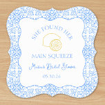 Main Squeeze Lemon & Blue Tiles Bridal Shower Paper Coaster<br><div class="desc">Elevate your bridal shower decor with these chic "She Found Her Main Squeeze" paper coasters. These coasters feature a playful lemon design with elegant blue details, bringing a fresh Mediterranean-inspired vibe to your celebration. Personalize with the bride's name, event, and date for an effortless elegance that suits any shower theme,...</div>