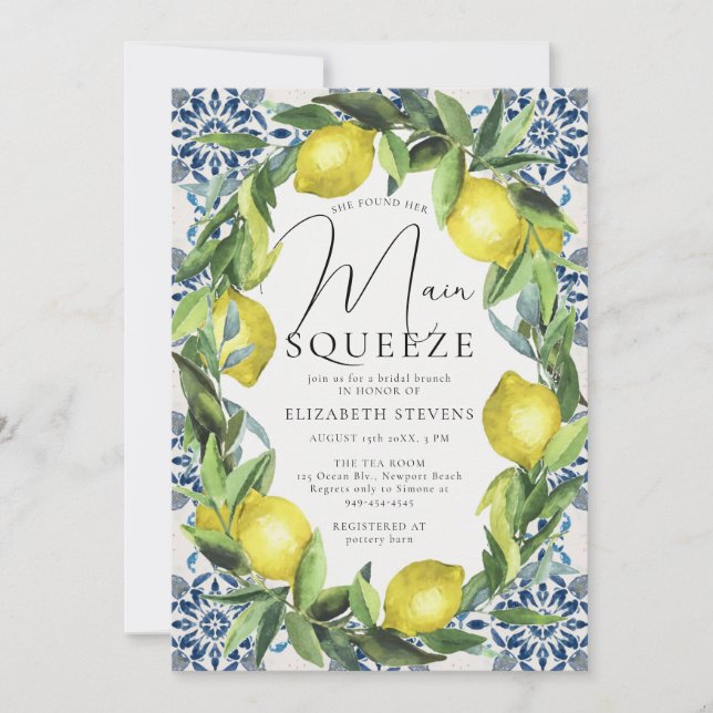 Main Squeeze Lemon Blue Tiles Modern Bridal Shower Invitation (Front)