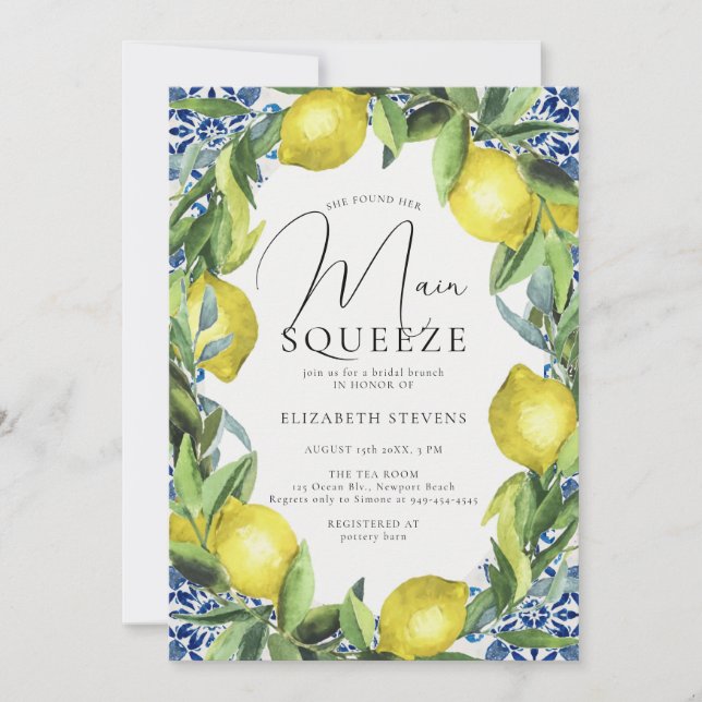 Main Squeeze Lemon Blue Tuscany Tile Bridal Shower Invitation (Front)
