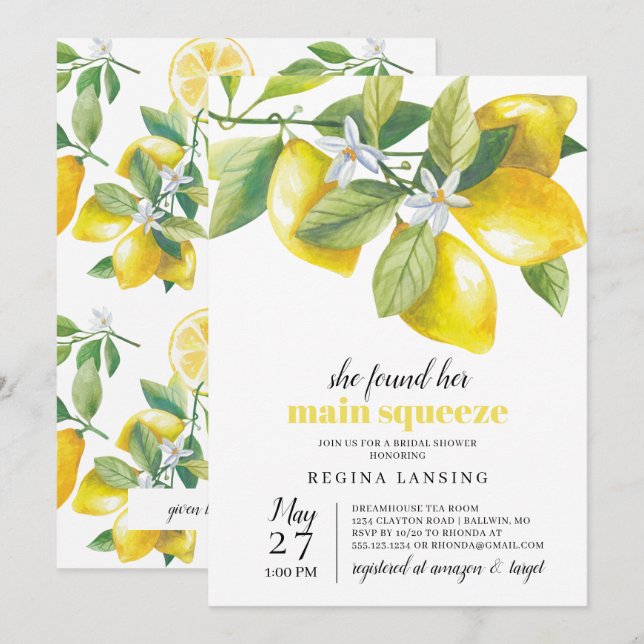 Main Squeeze Lemon Bridal Shower Invitation (Front/Back)