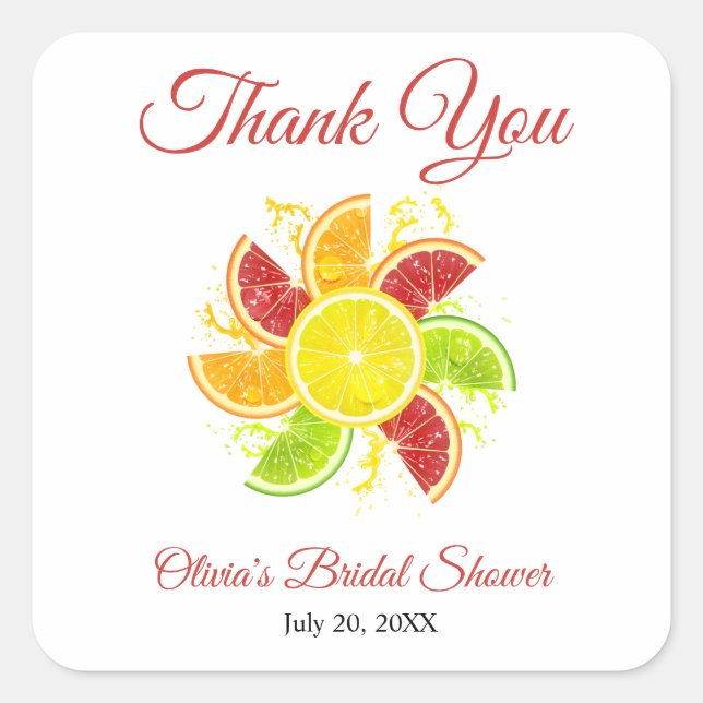 Main Squeeze Lemon Citrus Bridal Shower Thank You Square Sticker (Front)