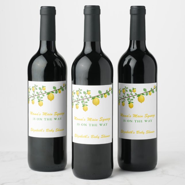 Main Squeeze Lemon Gender Neutral Baby Shower Wine Label (Bottles)