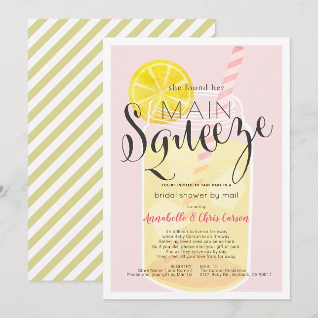 Main Squeeze Lemonade Pink Bridal Shower by Mail Invitation (Front/Back)