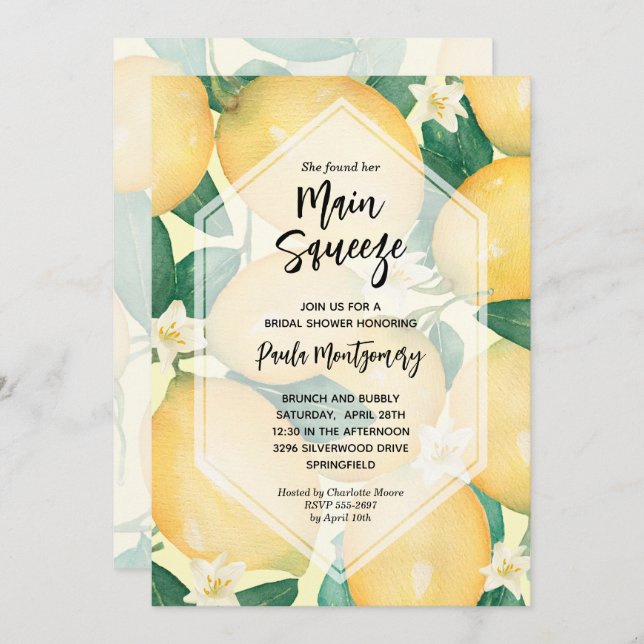 Main Squeeze Lemons and Greenery Bridal Shower Invitation (Front/Back)