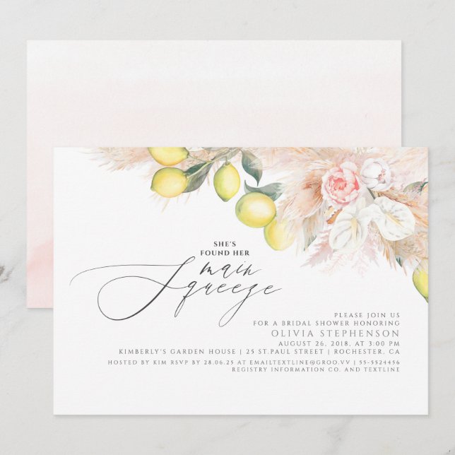 Main Squeeze Lemons and Pampas Grass Bridal Shower Invitation (Front/Back)