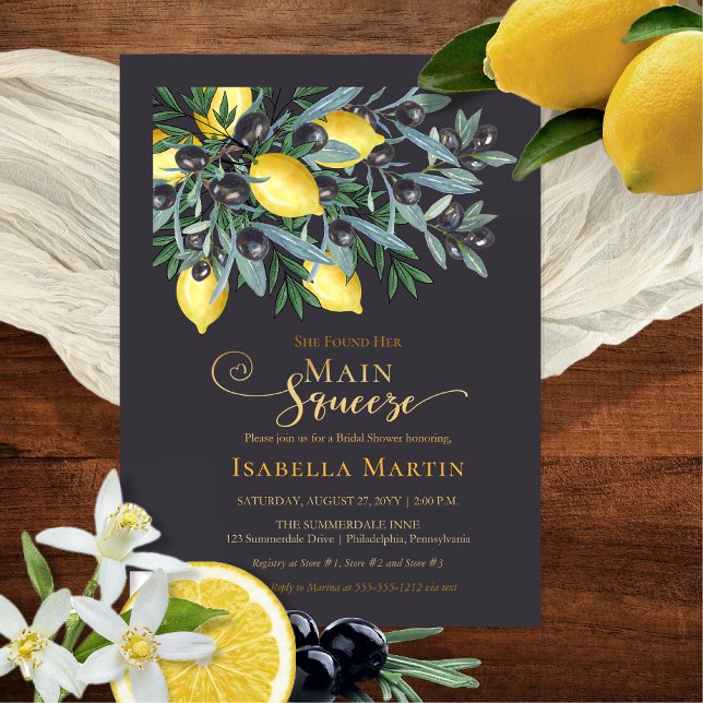 Main Squeeze Lemons | Black Olives Bridal Shower F (Main Squeeze Lemons | Black Olives Bridal Shower Dark Blue | Gold Foil Invitation)