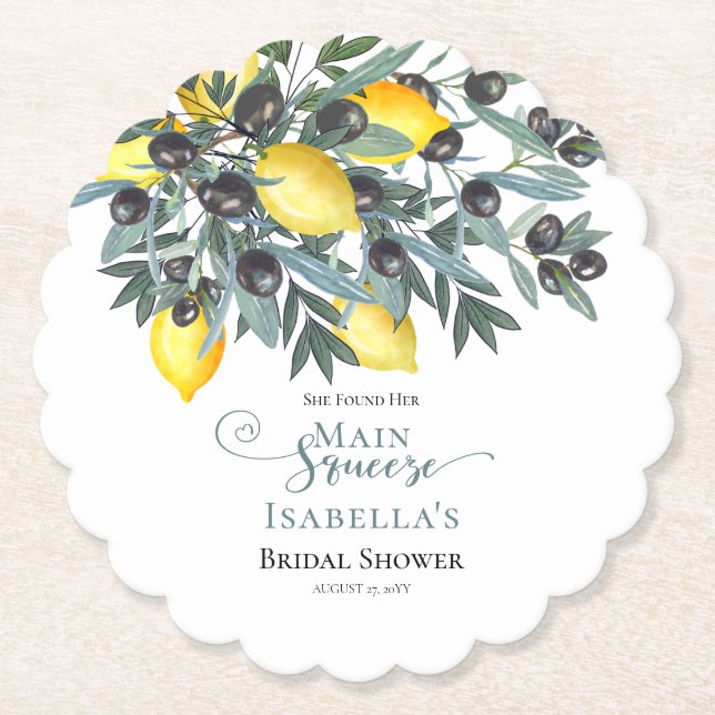 Main Squeeze Lemons | Black Olives Bridal Shower Paper Coaster (Front)