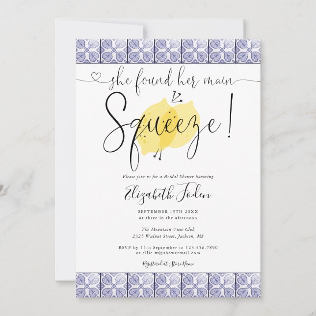 Main Squeeze Lemons Tiles Monogram Bridal Shower Invitation (Front)