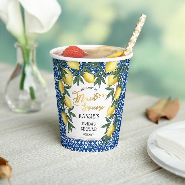 Main Squeeze Lemons Tropical Bridal Shower Paper Cups (Insitu)