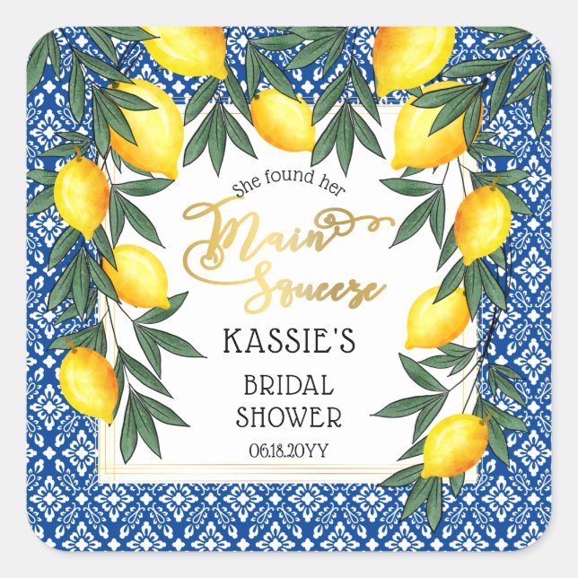 Main Squeeze Lemons Tropical Bridal Shower Square Sticker (Front)