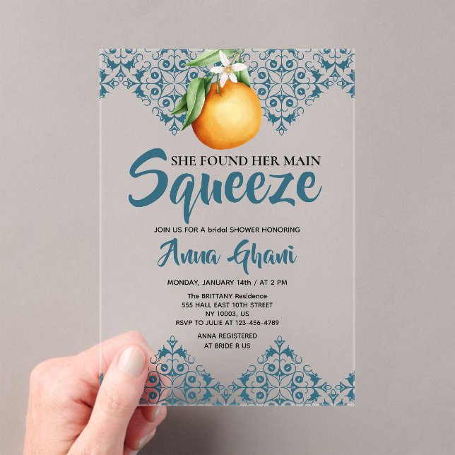 Main Squeeze Mediterranean Bridal Shower Blue Acrylic Invitations (Insitu (Handheld))