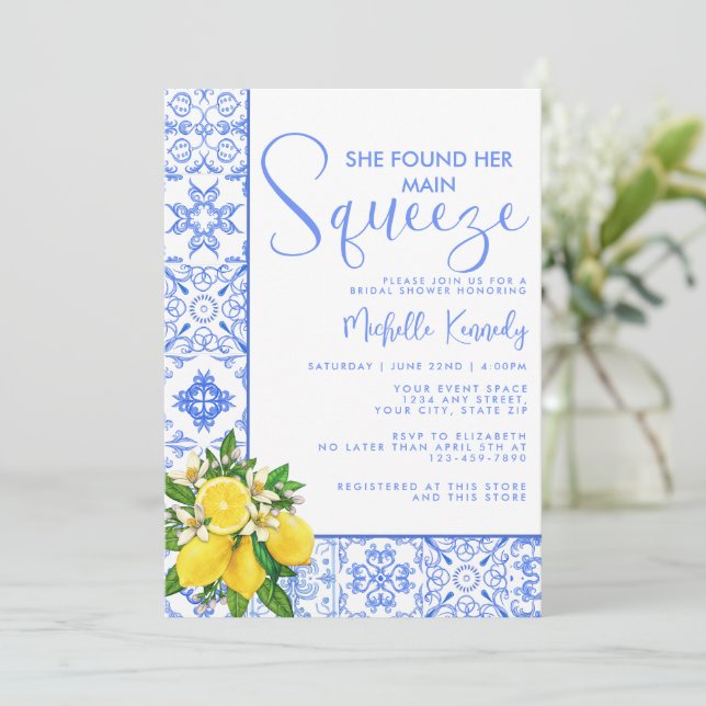 Main Squeeze Mediterranean Lemon Bridal Shower  Invitation (Standing Front)