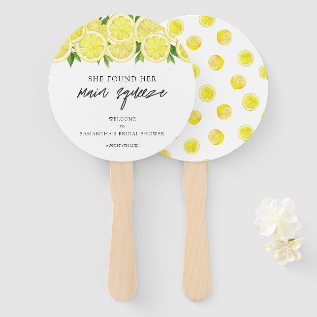 Main Squeeze Modern Simple Lemon Bridal Shower Hand Fan (Front and Back)